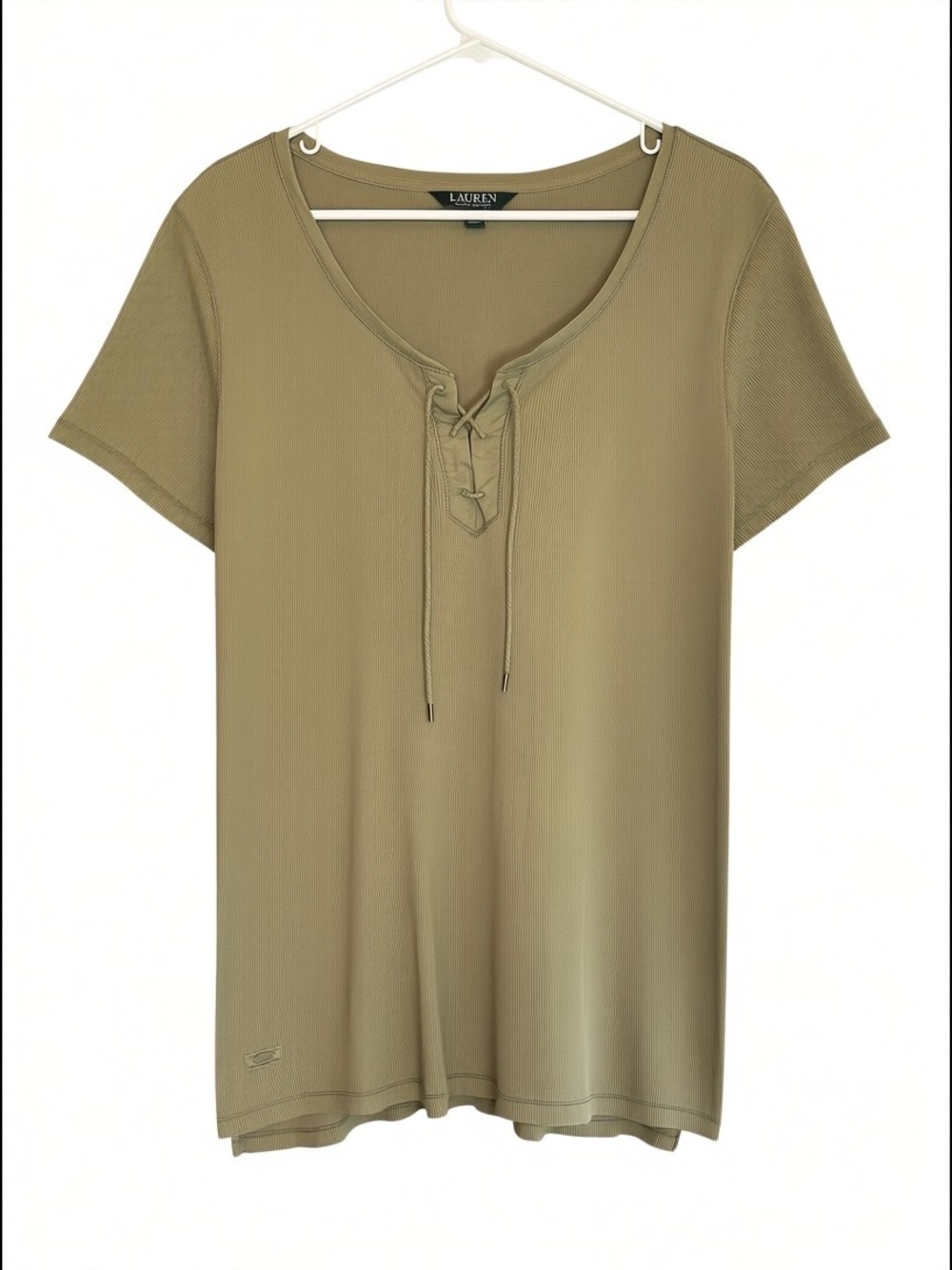 Lauren Ralph Lauren 2X Olive Green Ribbed Lace-Up Top Plus Size Cotton